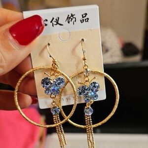 Gold Hoop Earrings with Blue Crystal Butterfly Accent